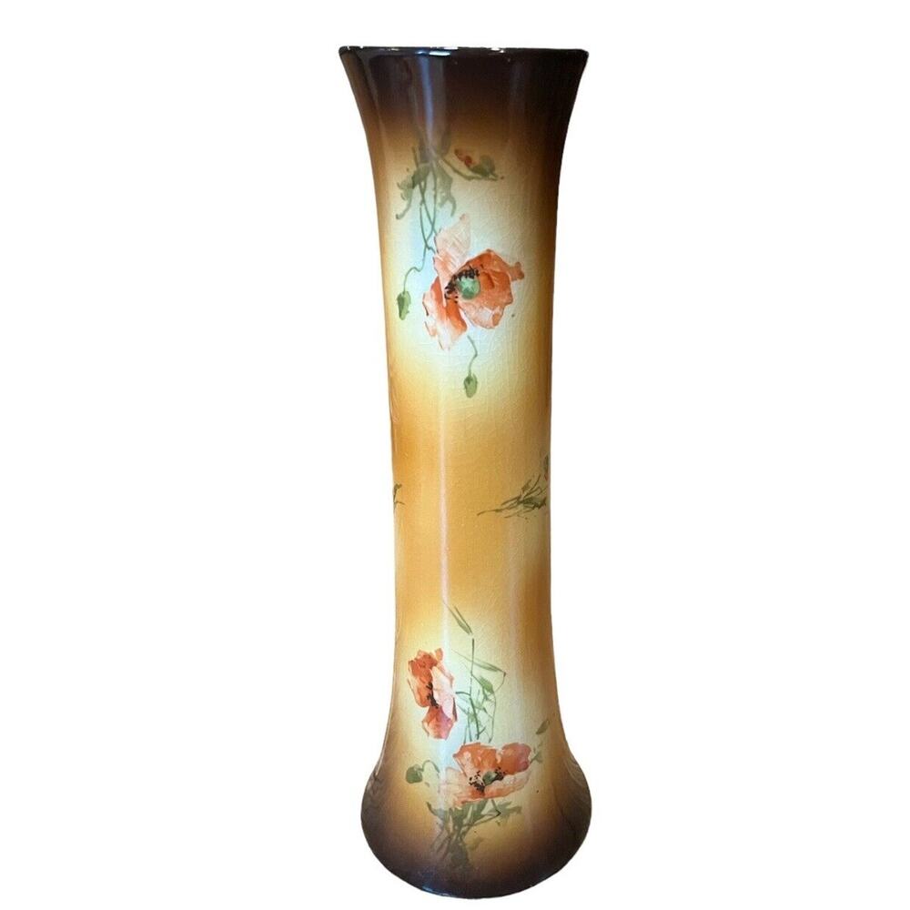 Antique IOGA Warwick Semi-Porcelain Poppy Vase 12" x 4" Poppies Brown Orange